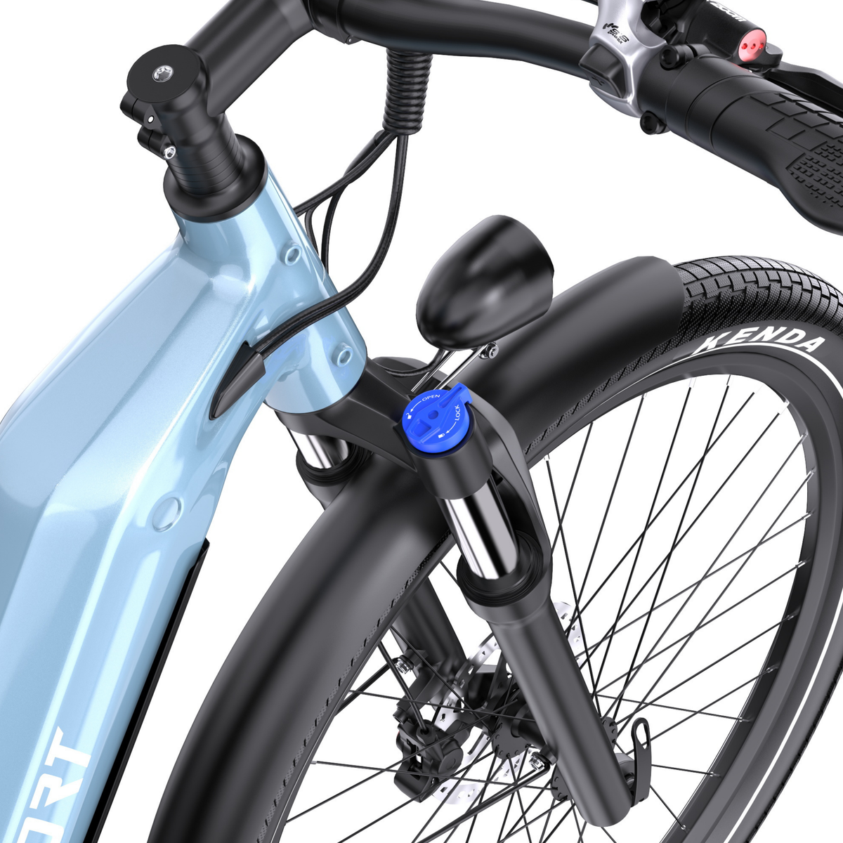 OneSport WT05, primo piano della forcella anteriore con regolatore blu, faro, parafango e telaio azzurro