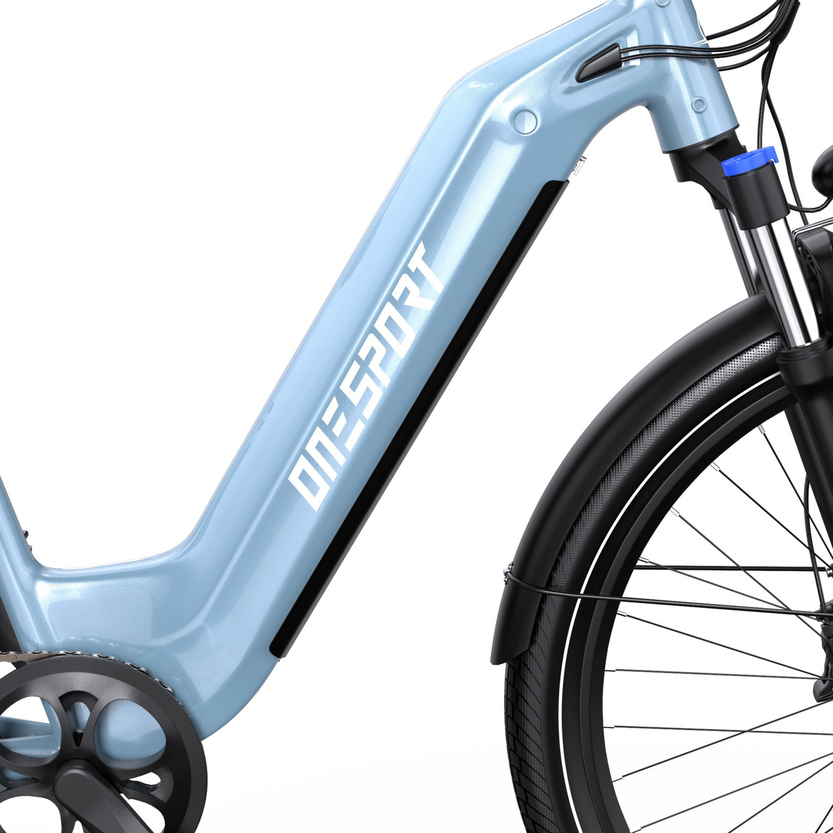 OneSport WT05, primo piano del telaio azzurro con logo ONESPORT, forcella anteriore e parafango nero