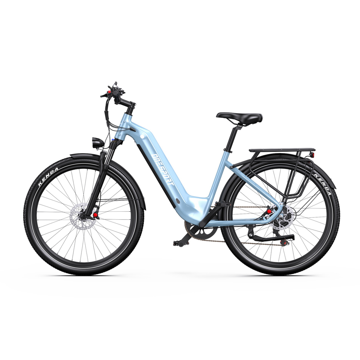 OneSport WT05 bicicletta elettrica azzurra, vista laterale, con telaio a scavalco basso e portapacchi