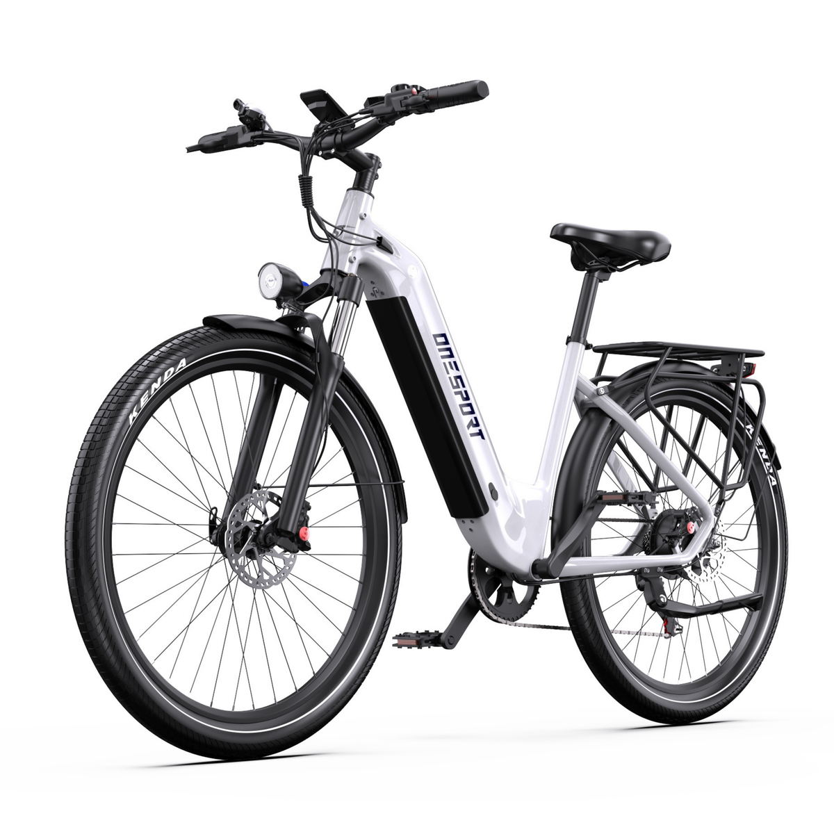 Bicicletta elettrica OneSport WT05 bianca, vista di tre quarti anteriore con faro anteriore, forcella anteriore e portapacchi posteriore