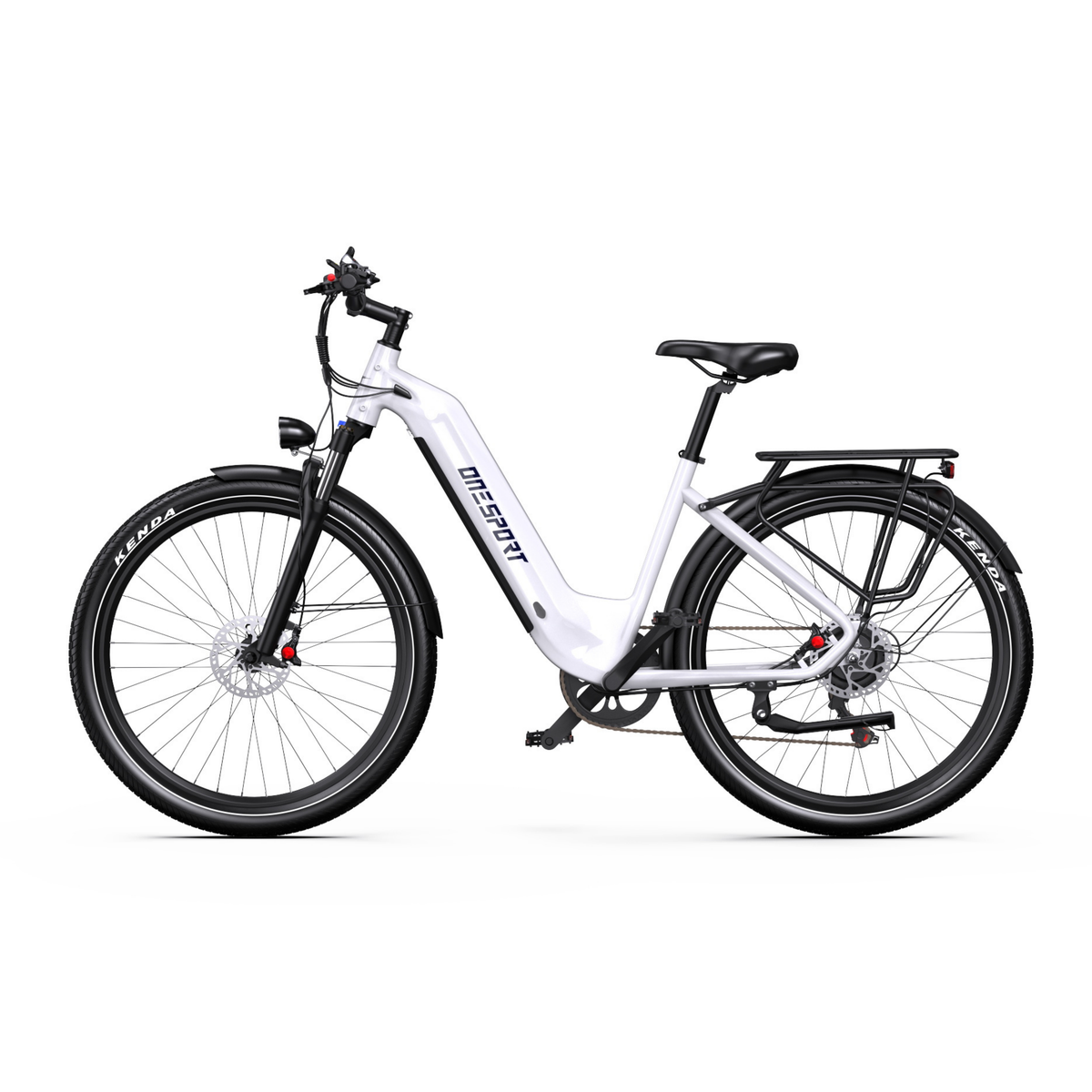 Bicicletta elettrica OneSport WT05 bianca, vista laterale con telaio a gradino basso, parafanghi e portapacchi