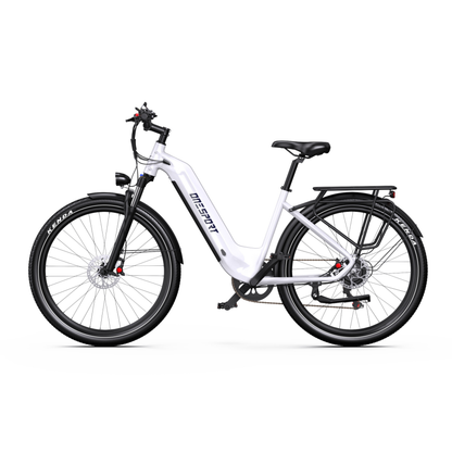 Bicicletta elettrica OneSport WT05 bianca, vista laterale con telaio a gradino basso, parafanghi e portapacchi