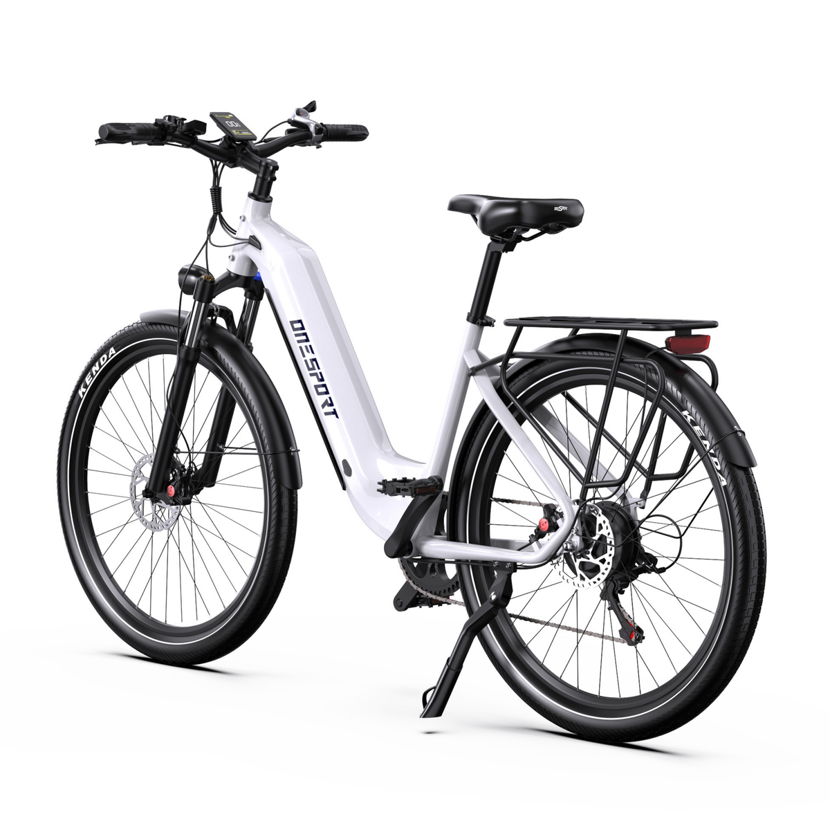 Bicicletta elettrica OneSport WT05 bianca, vista di tre quarti posteriore con display sul manubrio, portapacchi, fanale posteriore e cavalletto