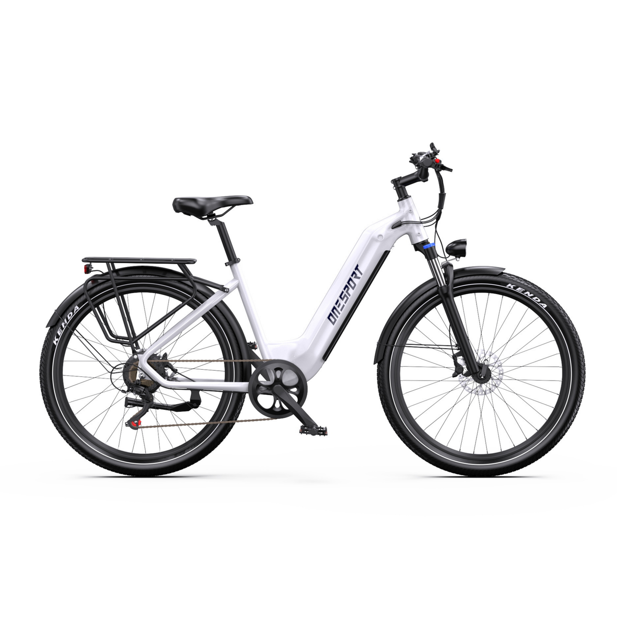 Bicicletta elettrica OneSport WT05 bianca, vista laterale con portapacchi, parafanghi e freno a disco anteriore