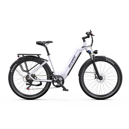 Bicicletta elettrica OneSport WT05 bianca, vista laterale con portapacchi, parafanghi e freno a disco anteriore