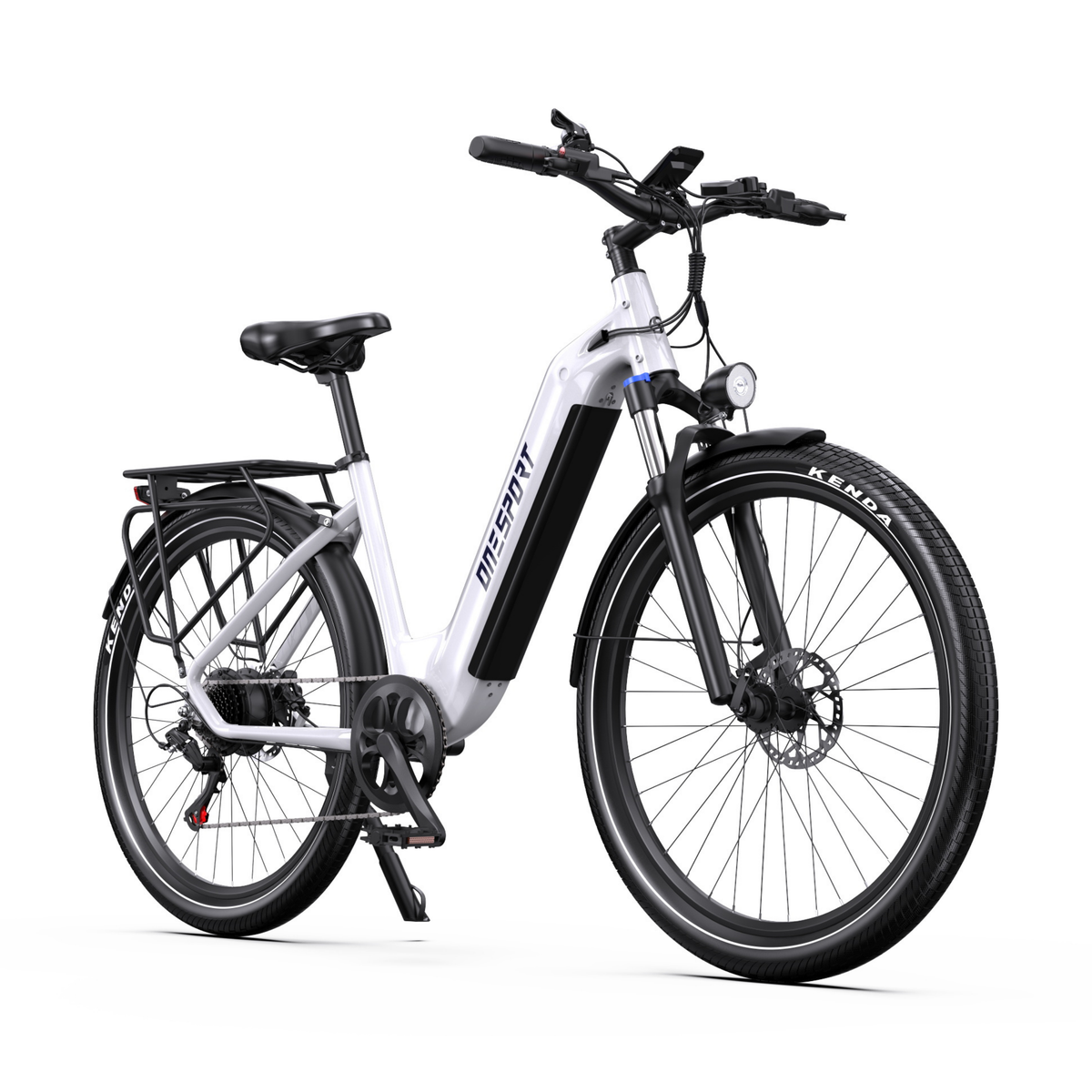 Bicicletta elettrica OneSport WT05 vista di tre quarti anteriore con telaio bianco, faro anteriore e portapacchi