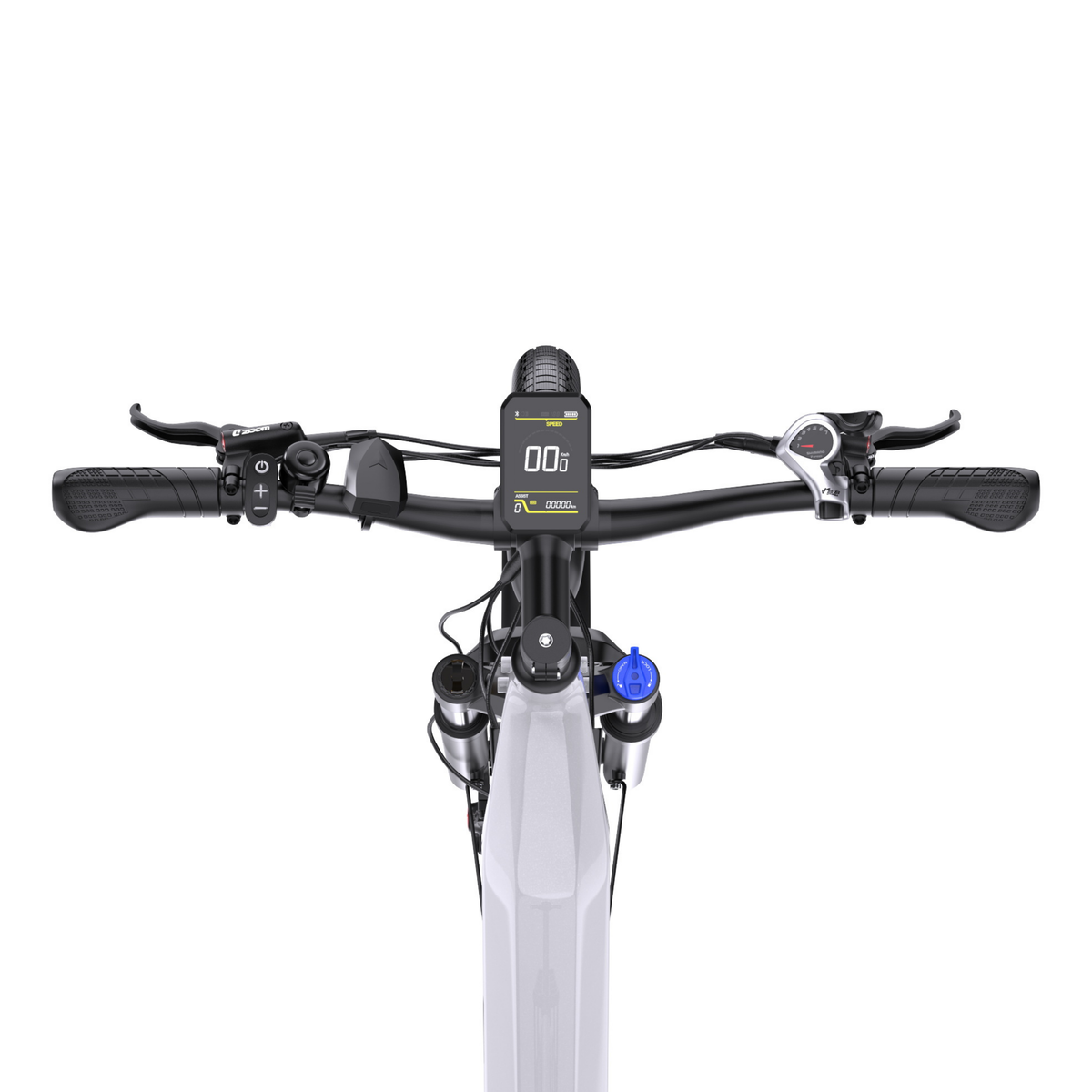 Manubrio OneSport WT05 visto dall'alto con display, manopole, leve dei freni e comando del cambio