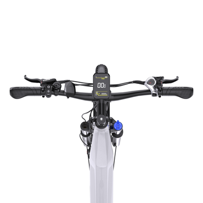 Manubrio OneSport WT05 visto dall'alto con display, manopole, leve dei freni e comando del cambio