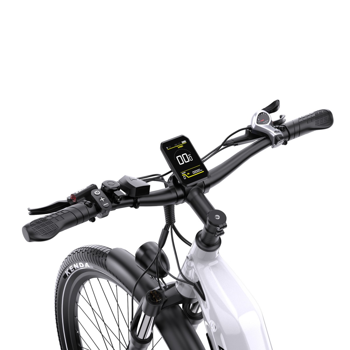 OneSport WT05, primo piano del manubrio con display, tastierino e comando del cambio, visto dall'alto in diagonale