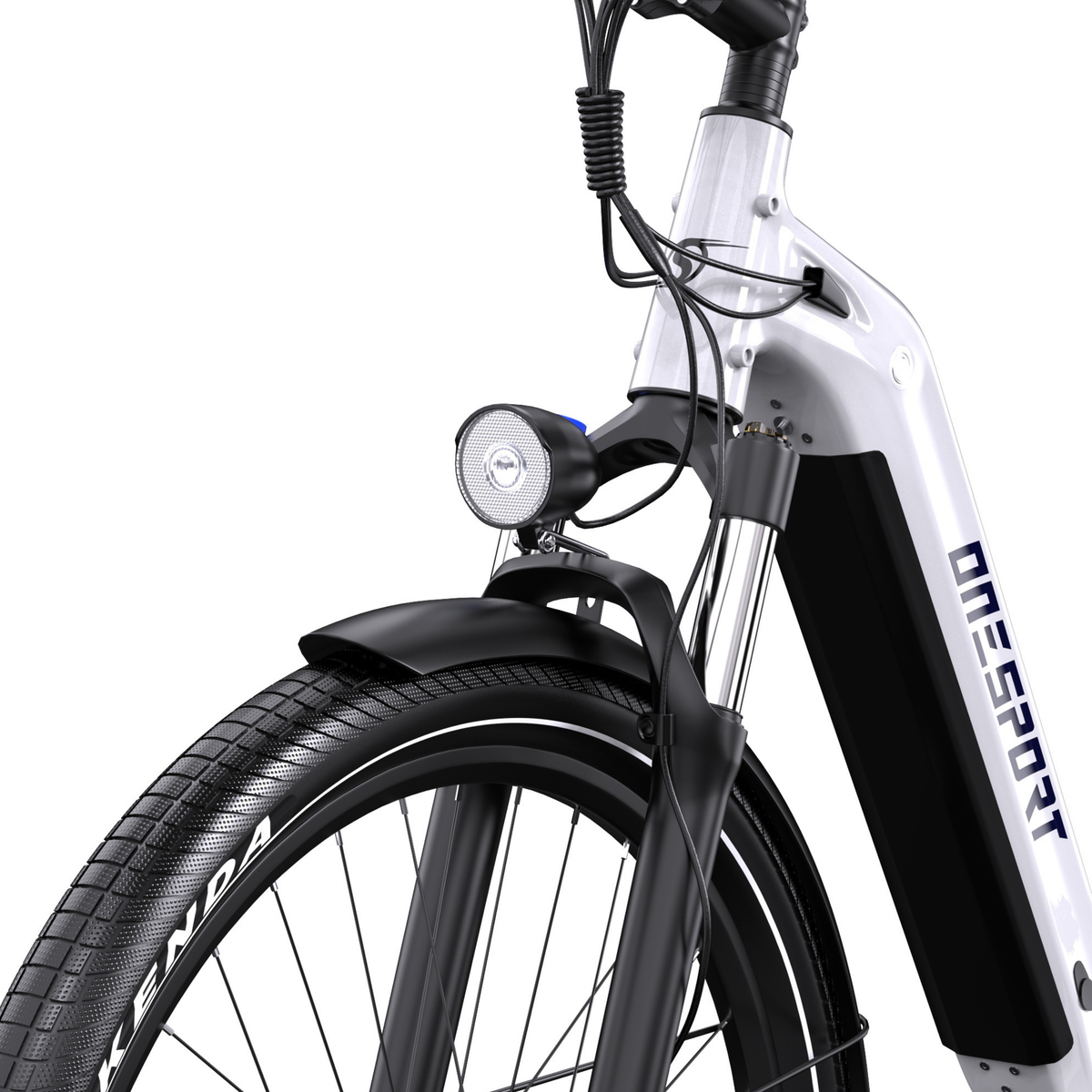 OneSport WT05, primo piano di faro anteriore, parafango, forcella ammortizzata e telaio bianco con parte della batteria