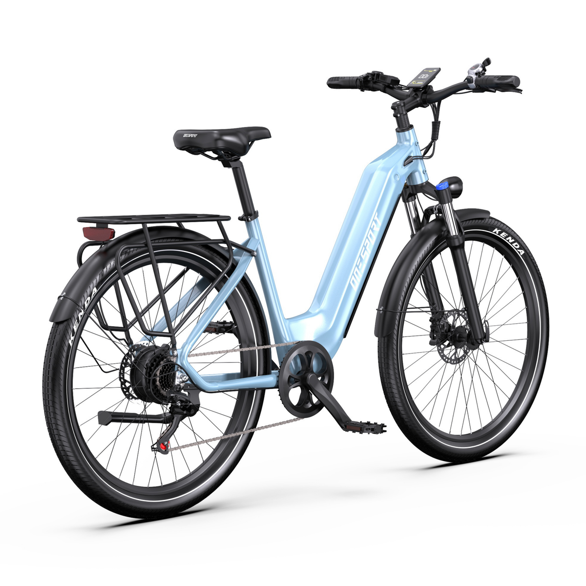 OneSport WT05 bicicletta elettrica azzurra, vista di tre quarti posteriore da destra, con display, portapacchi, catena e pedale