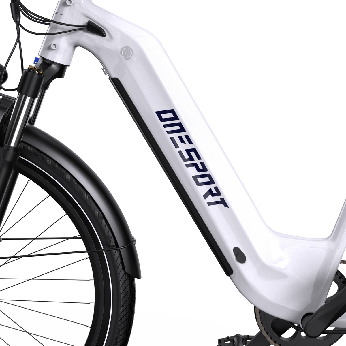 OneSport WT05, vista laterale del telaio bianco con telaio a gradino basso, logo, parafango e ruota anteriore