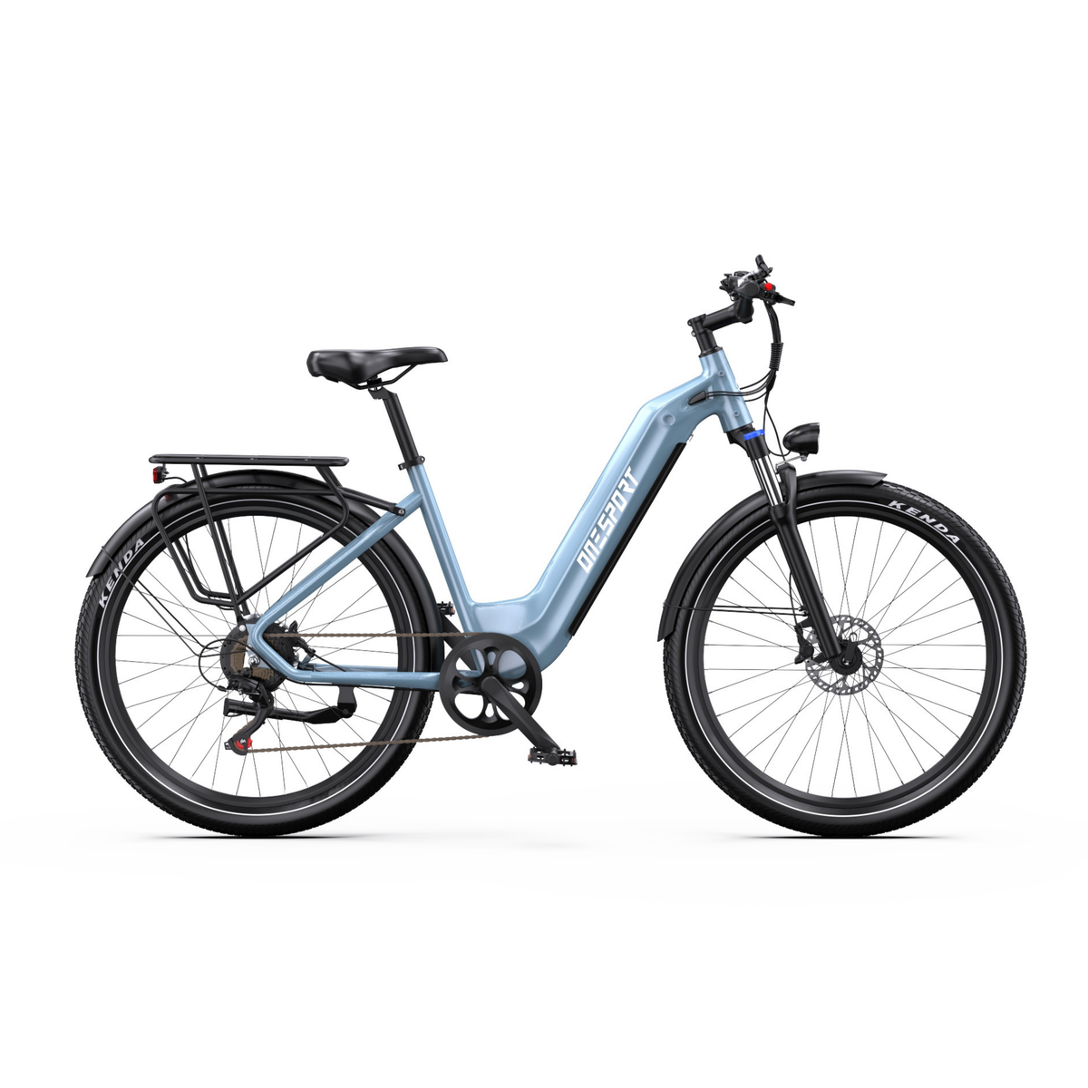 OneSport WT05 bicicletta elettrica azzurra vista di lato, con portapacchi, parafanghi e freno a disco