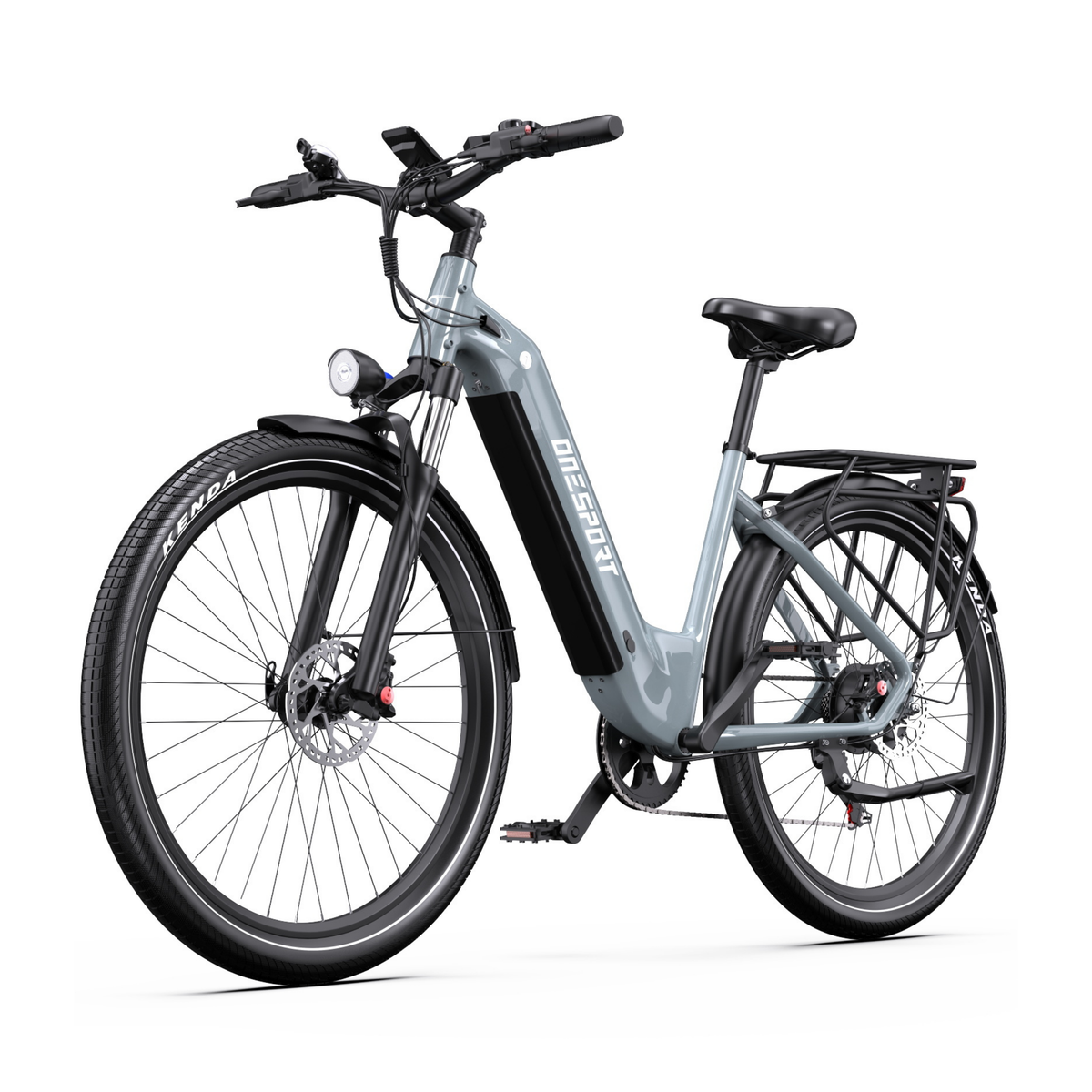 OneSport WT05 bicicletta elettrica grigia vista di tre quarti anteriore con telaio basso, parafanghi e portapacchi