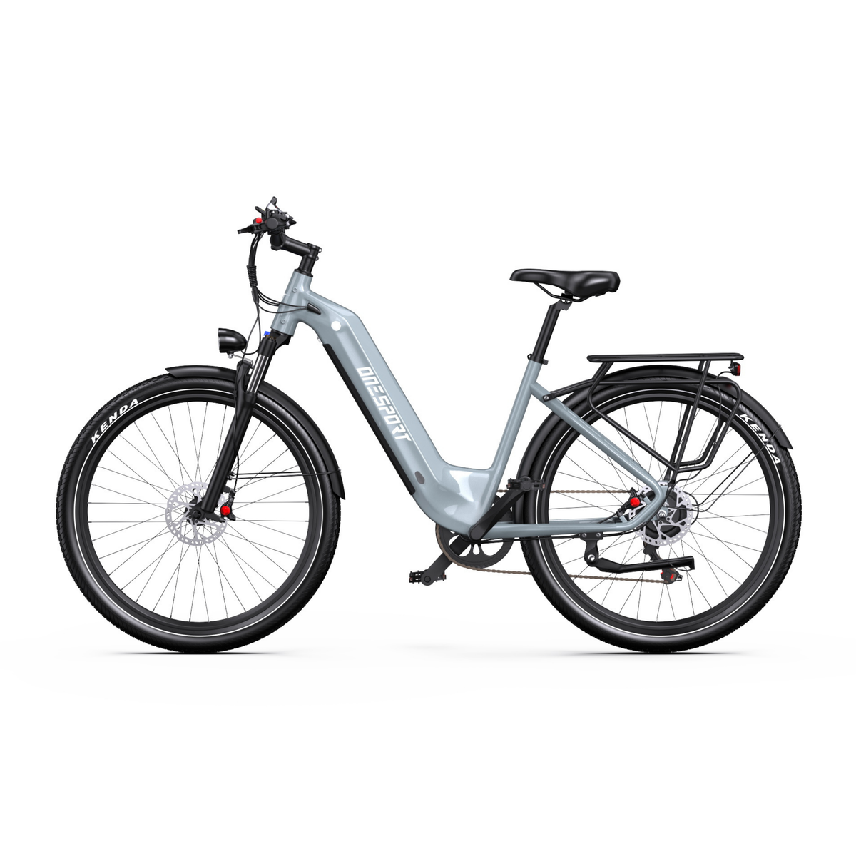 OneSport WT05 bicicletta elettrica grigia vista di lato con telaio basso e portapacchi posteriore