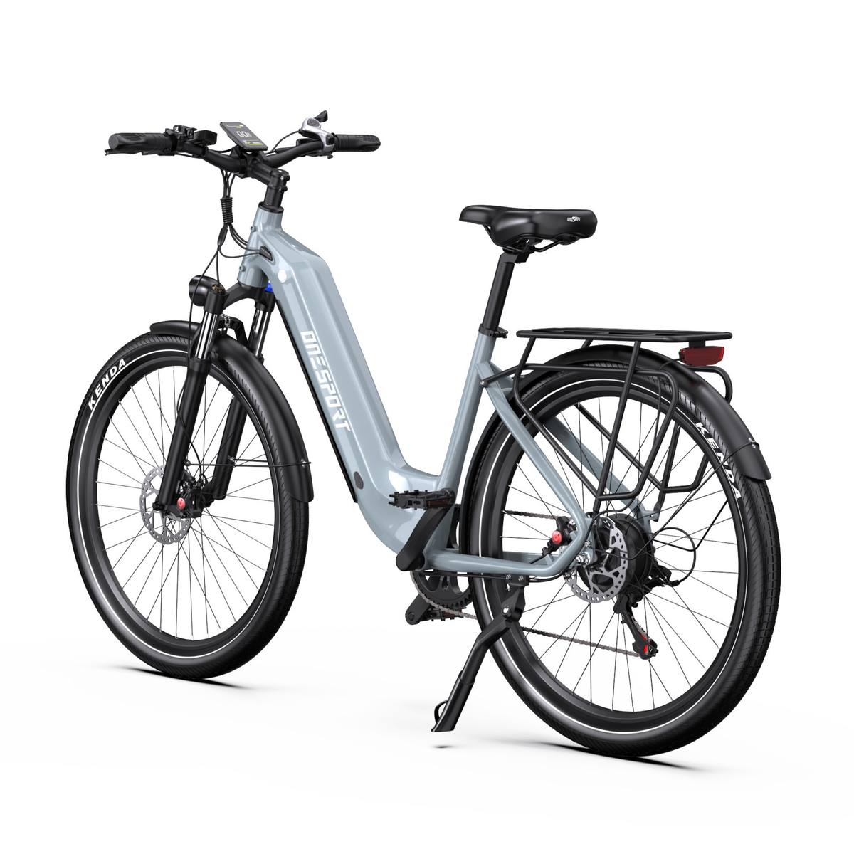 OneSport WT05 bicicletta elettrica grigia vista di tre quarti posteriore con portapacchi, fanale posteriore e cavalletto laterale