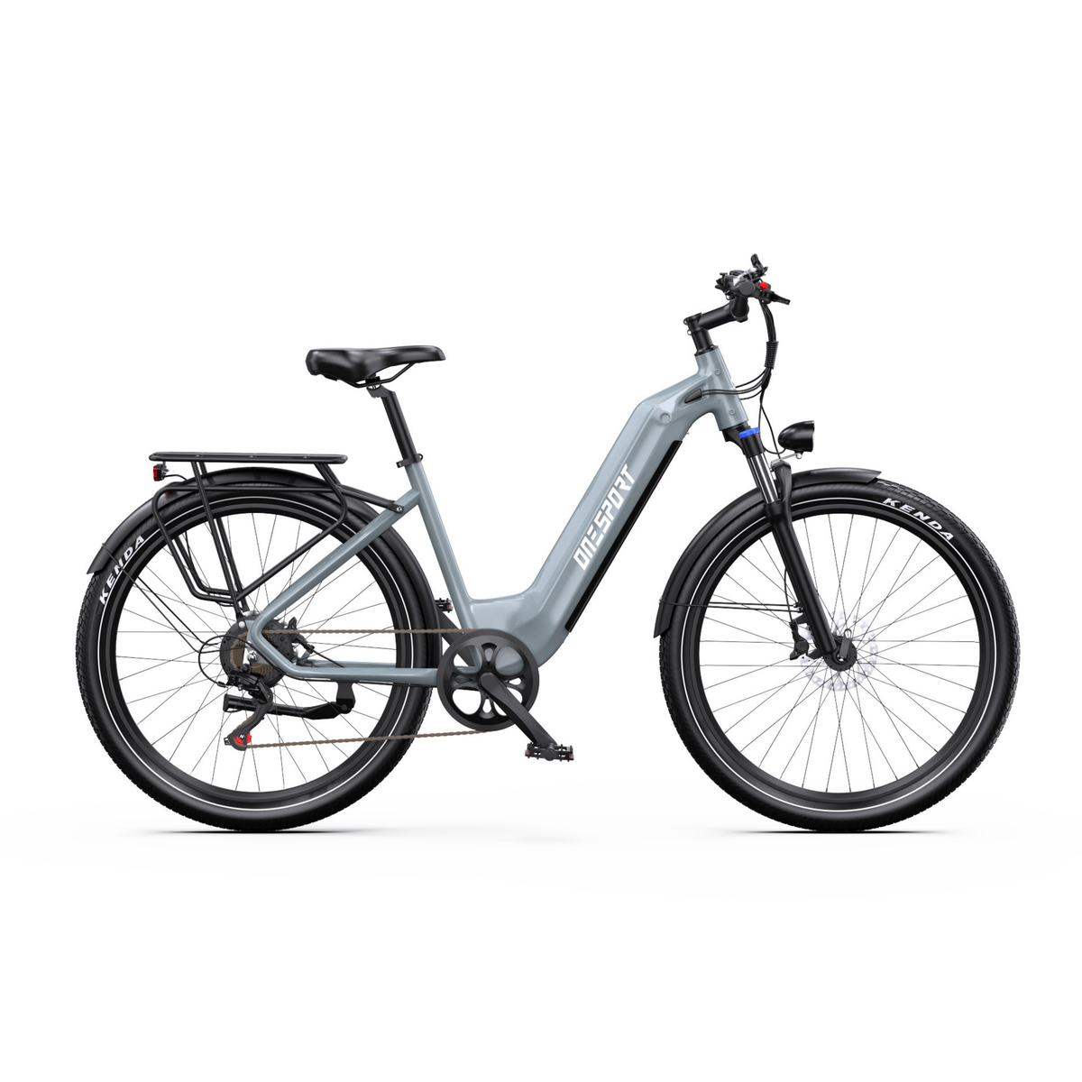 OneSport WT05 bicicletta elettrica in vista laterale con telaio grigio, telaio basso, portapacchi e parafanghi sulle ruote