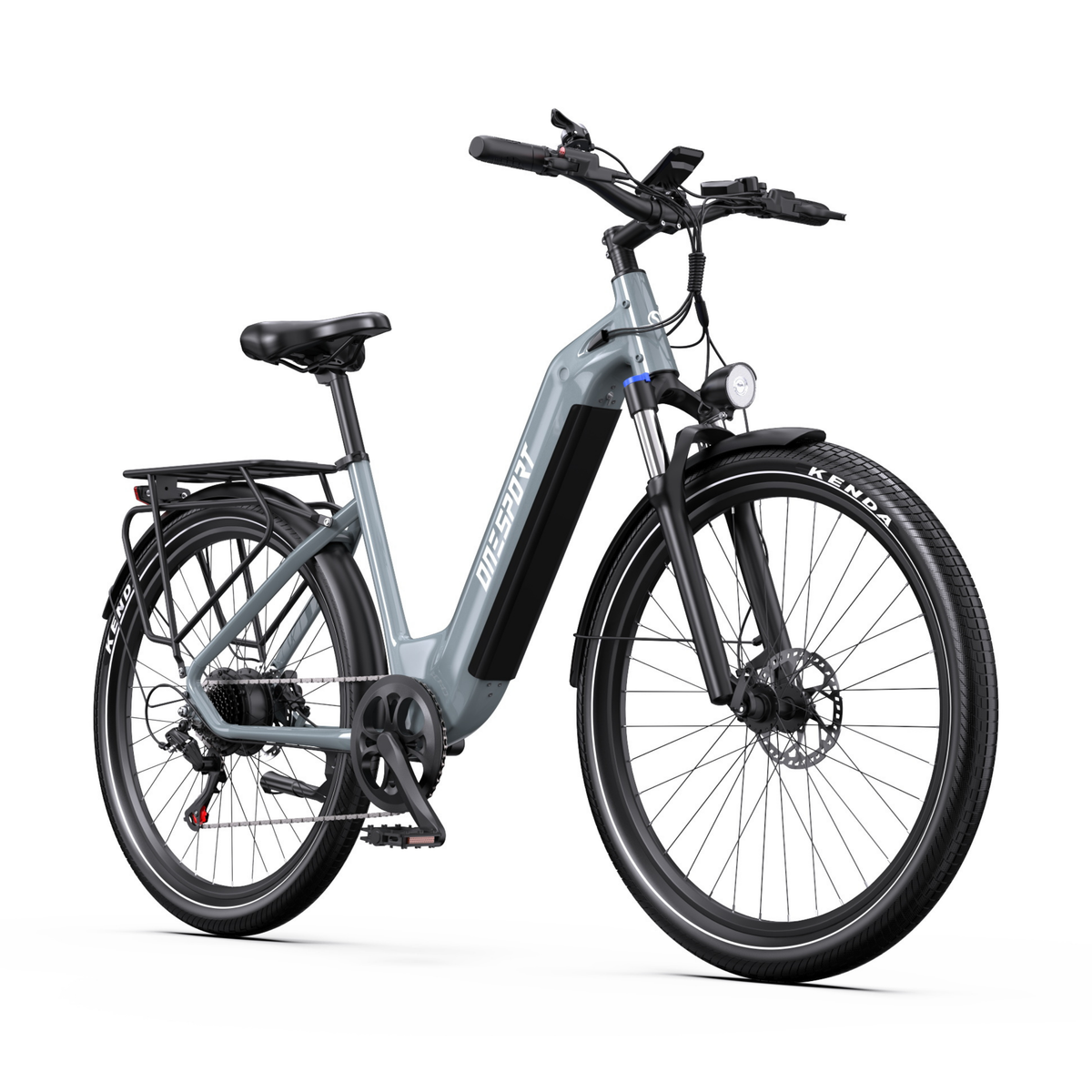 OneSport WT05 bicicletta elettrica vista di tre quarti anteriore con faro anteriore, parafango anteriore e freno a disco anteriore