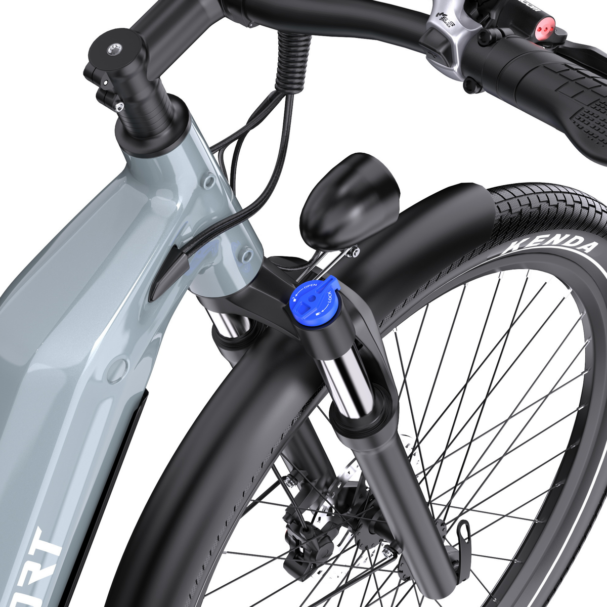 OneSport WT05, primo piano della forcella anteriore con manopola blu, luce, parafango anteriore e pneumatico Kenda