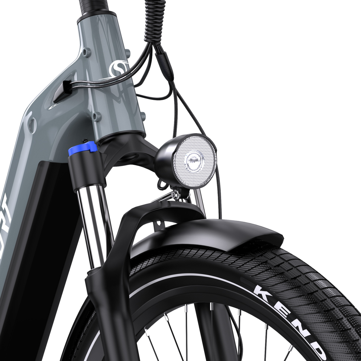 OneSport WT05 vista frontale con faro anteriore, forcella, dettaglio blu, parafango anteriore e pneumatico Kenda