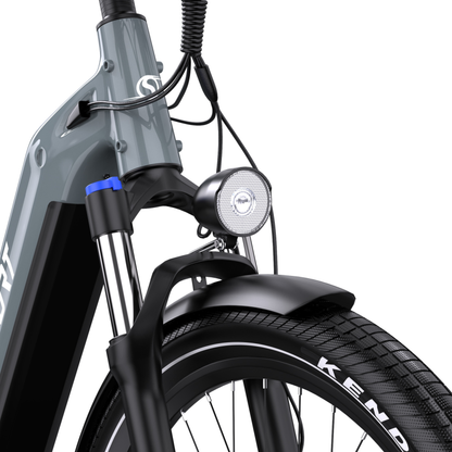OneSport WT05 vista frontale con faro anteriore, forcella, dettaglio blu, parafango anteriore e pneumatico Kenda