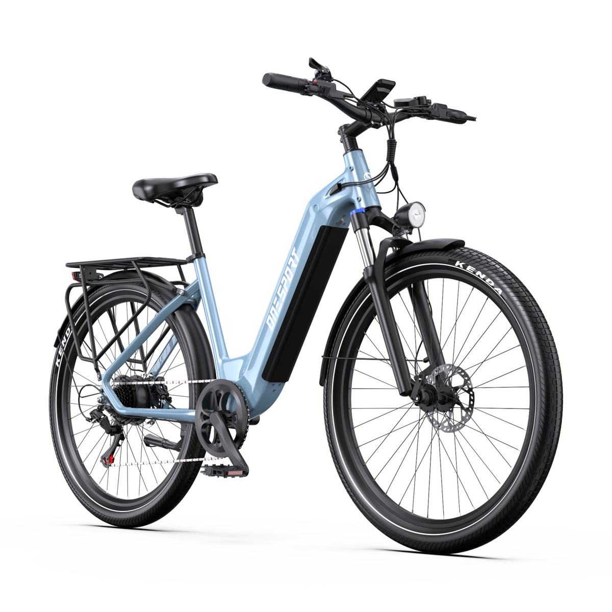 OneSport WT05 bicicletta elettrica azzurra, vista di tre quarti anteriore, con pannello batteria nero, faro e portapacchi
