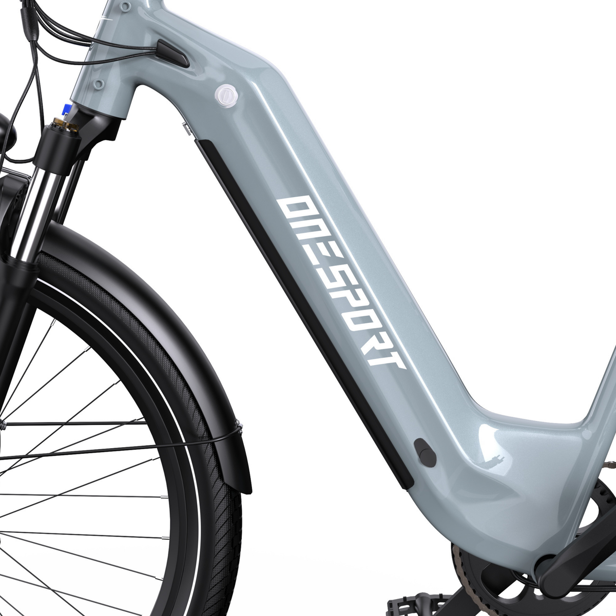 OneSport WT05, vista laterale del telaio grigio con logo OneSport, ruota anteriore, parafango e pedale