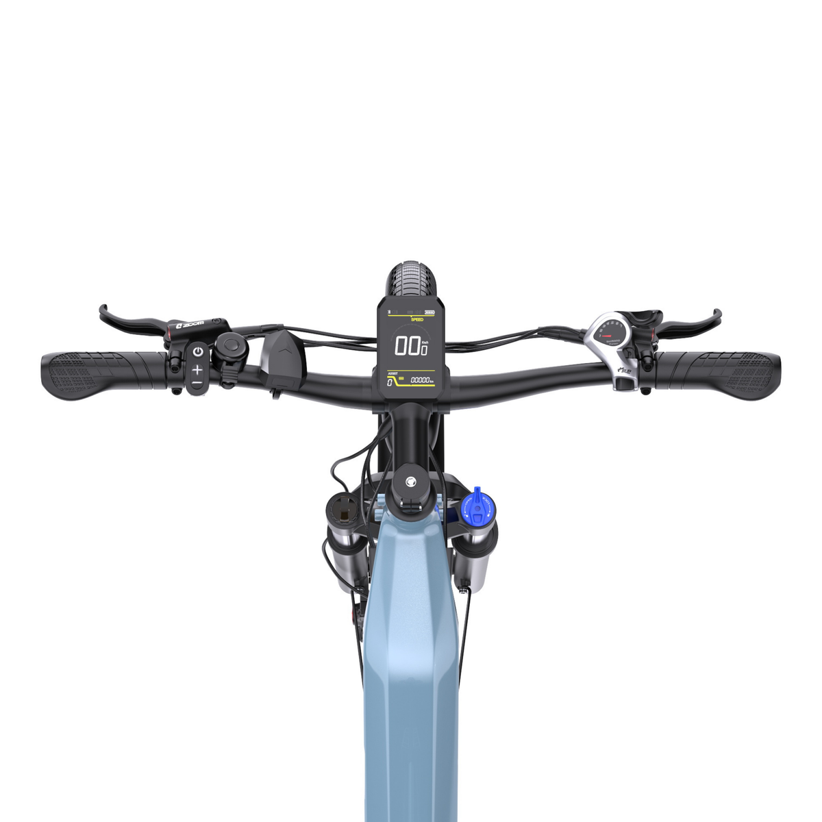 Manubrio e display della OneSport WT05 visti dall'alto, con leve dei freni, manopole e comando del cambio