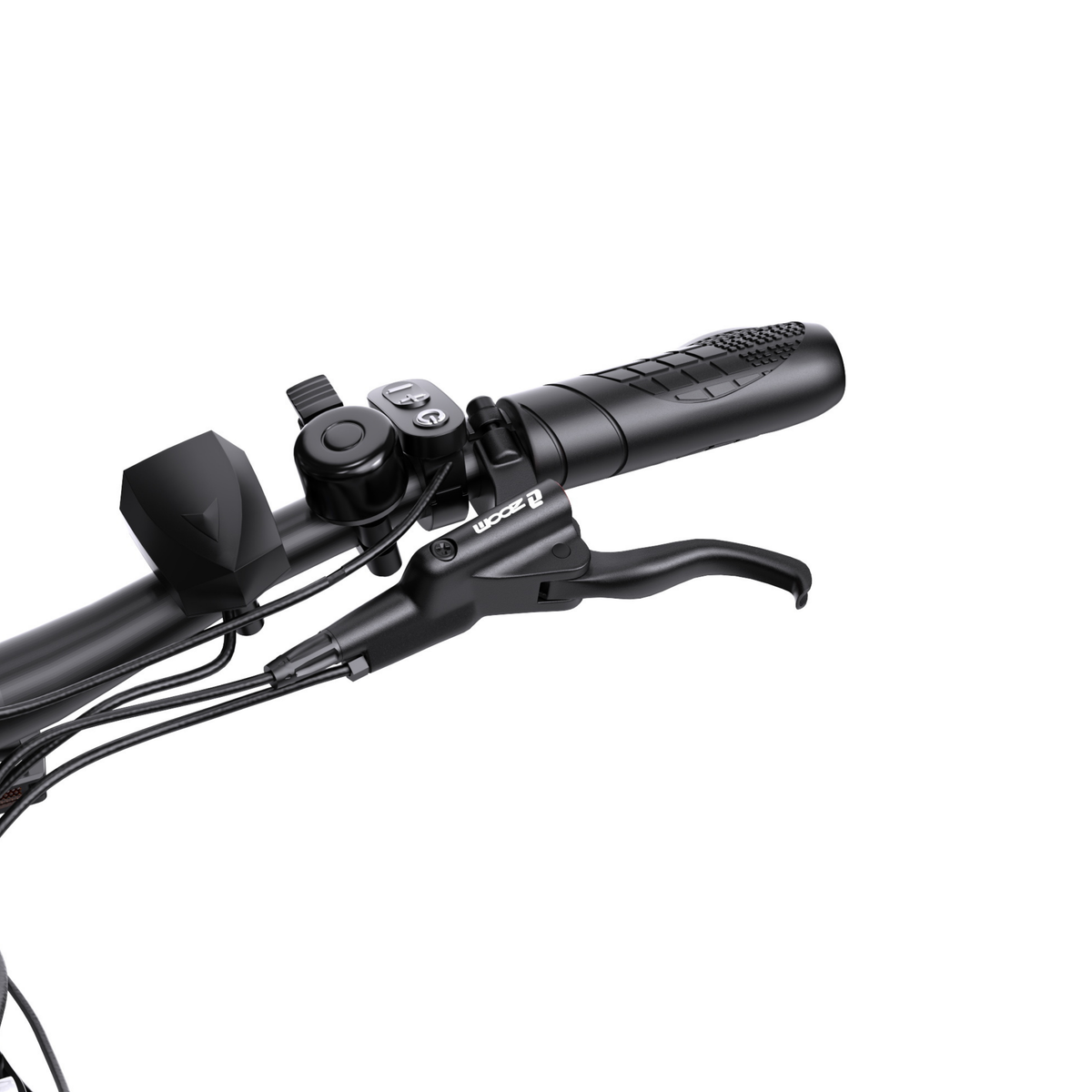 OneSport WT05, primo piano del manubrio con manopole, leve dei freni, campanello e tastierino