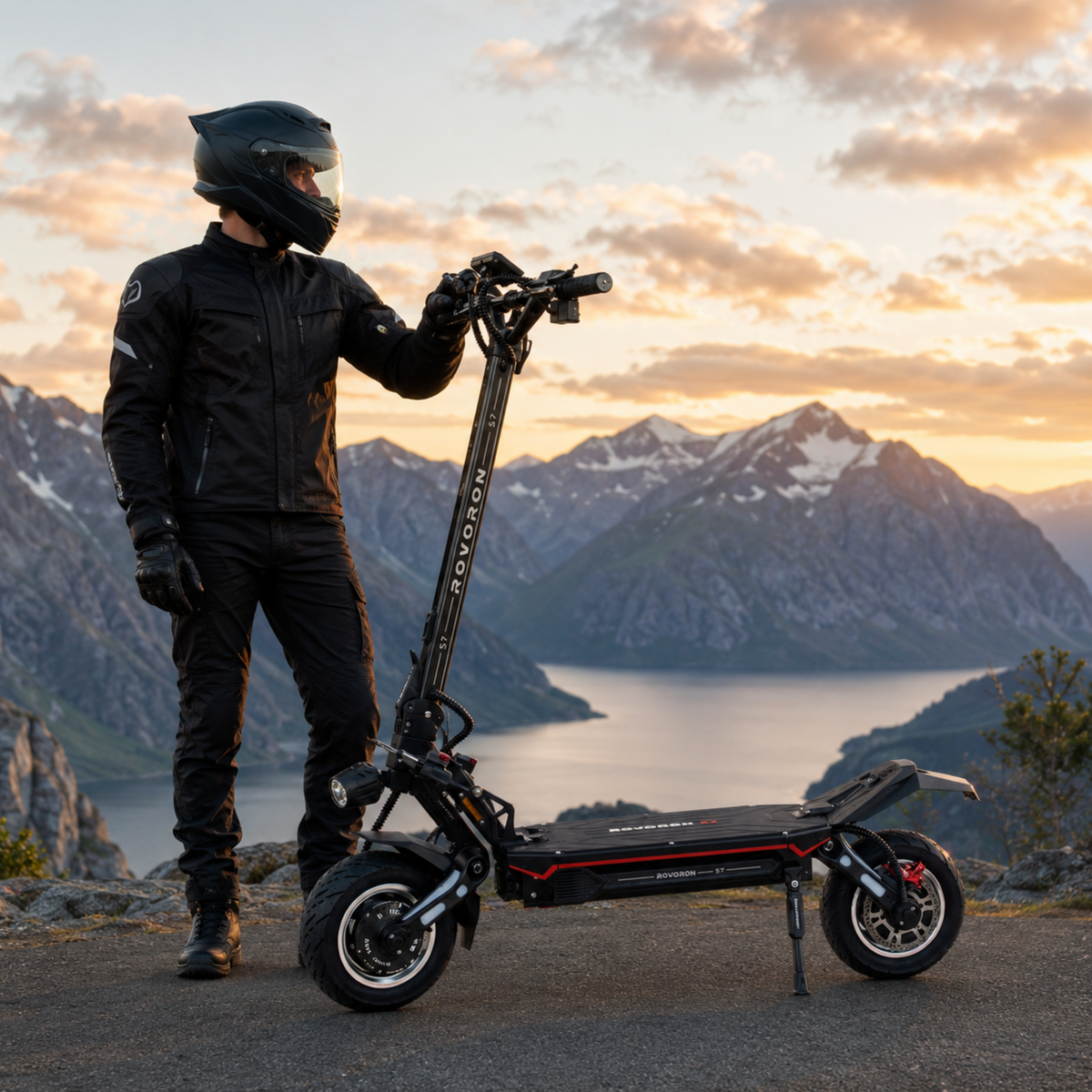 Persona in piedi con il monopattino elettrico ROVORON S7 in montagna