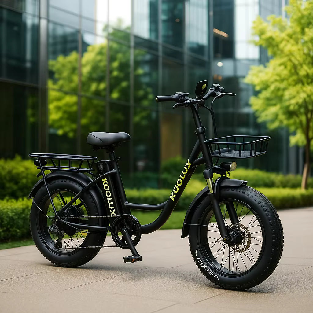 KOOLUX X7 Elcykel ute i stan med växter i bakgrunden - Wheelyshop.se