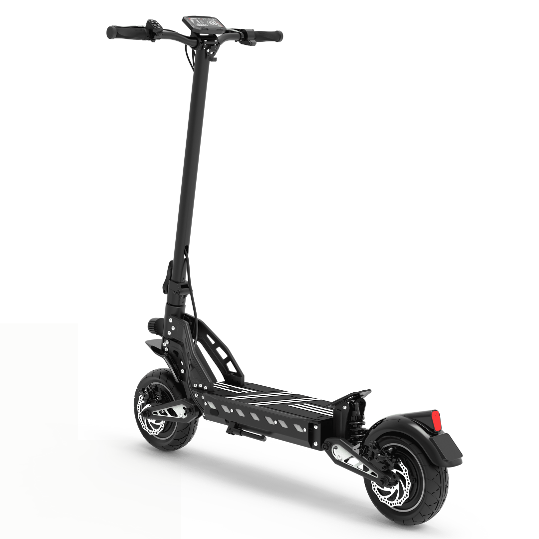 Monopattino elettrico DriveTron DT10 visto di tre quarti da dietro dal lato opposto in colore nero