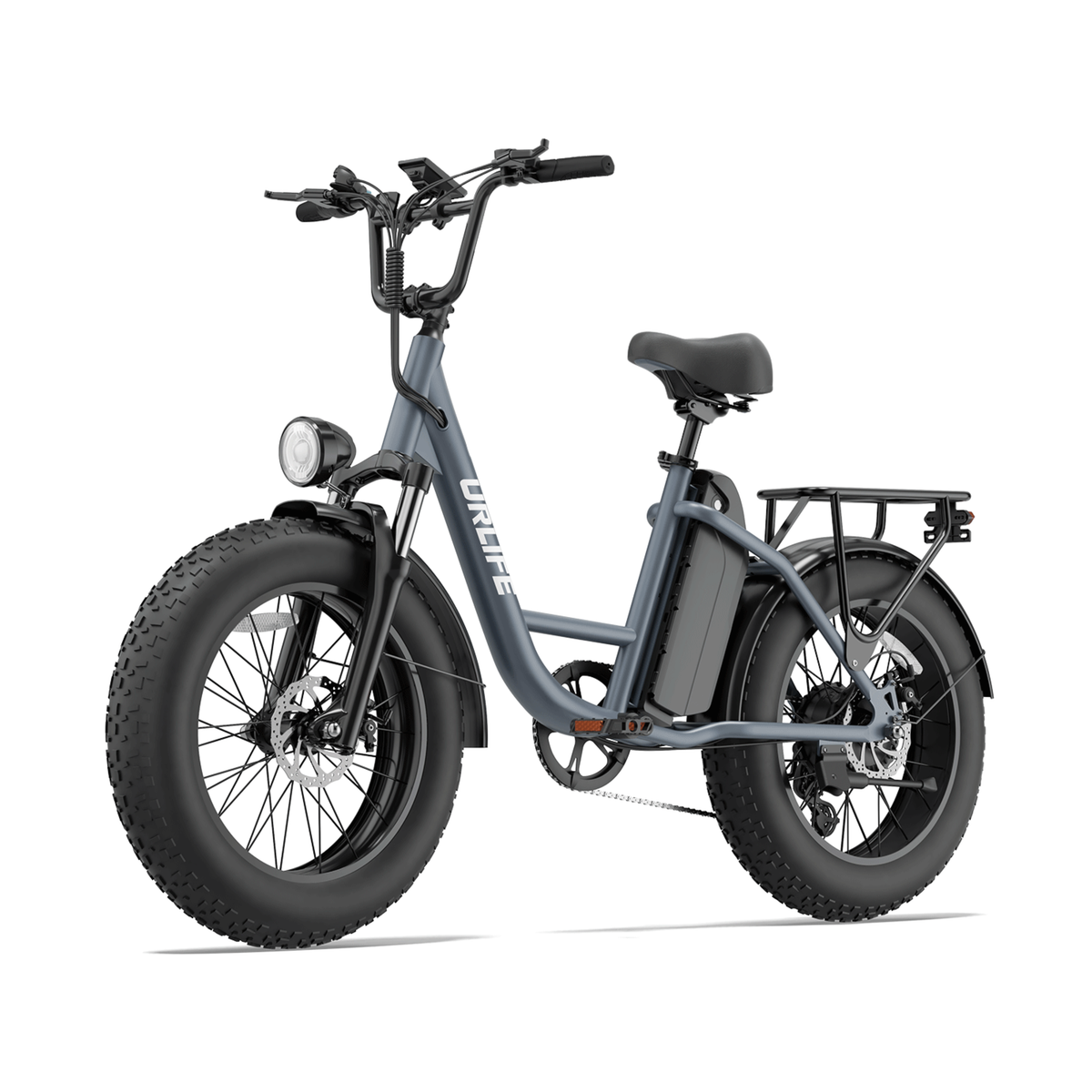 URLIFE E20 Pro, bicicletta elettrica grigia con pneumatici larghi e portapacchi, vista di tre quarti anteriore