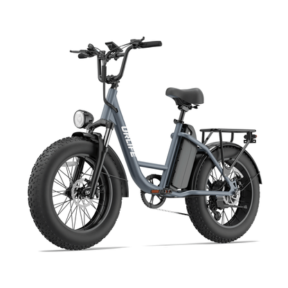 URLIFE E20 Pro, bicicletta elettrica grigia con pneumatici larghi e portapacchi, vista di tre quarti anteriore