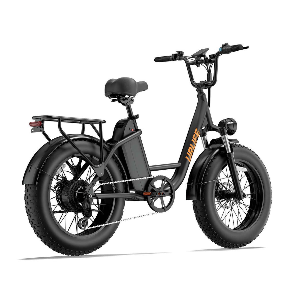 URLIFE E20 Pro, bicicletta elettrica nera vista posteriore angolata con portapacchi e pneumatico fat