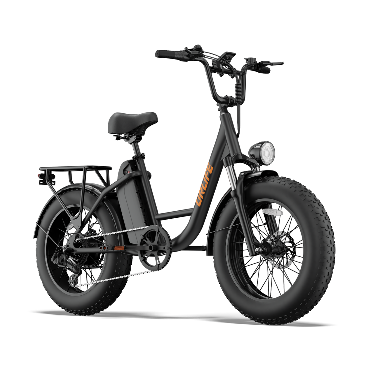 URLIFE E20 Pro, bicicletta elettrica nera vista anteriore angolata con faro, portapacchi e pneumatico fat