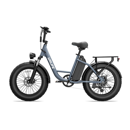 URLIFE E20 Pro, bicicletta elettrica grigia con pneumatici larghi e portapacchi, vista laterale