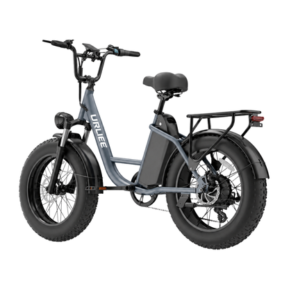 URLIFE E20 Pro, bicicletta elettrica grigia con pneumatici larghi e portapacchi, vista di tre quarti posteriore