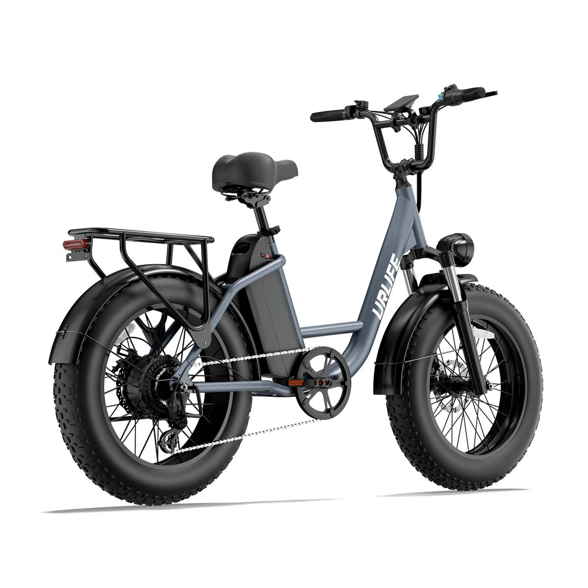 URLIFE E20 Pro, bicicletta elettrica grigia con pneumatici larghi e portapacchi, vista posteriore da destra