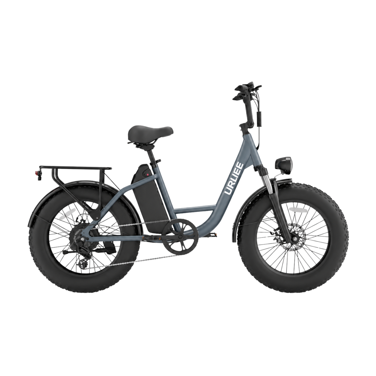 URLIFE E20 Pro, bicicletta elettrica grigio-blu con pneumatici fat e portapacchi, vista laterale