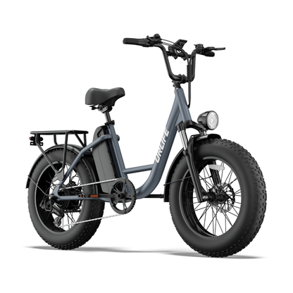 URLIFE E20 Pro, bicicletta elettrica grigio-blu con pneumatici fat e portapacchi, vista di tre quarti anteriore