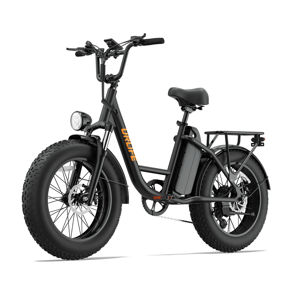 URLIFE E20 Pro, bicicletta elettrica nera con pneumatici fat e logo arancione, vista di tre quarti anteriore