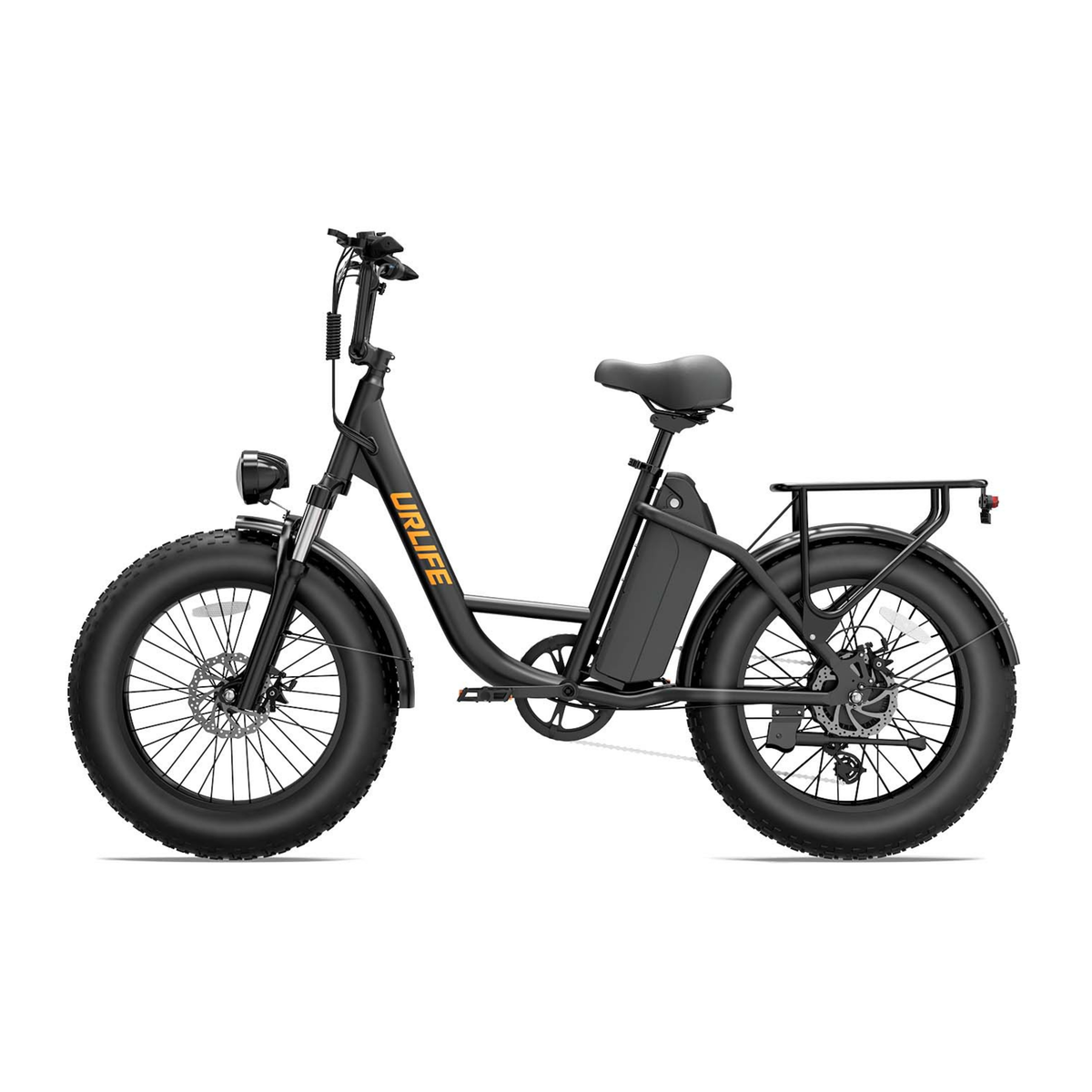 URLIFE E20 Pro, bicicletta elettrica nera con pneumatici fat e portapacchi, vista laterale