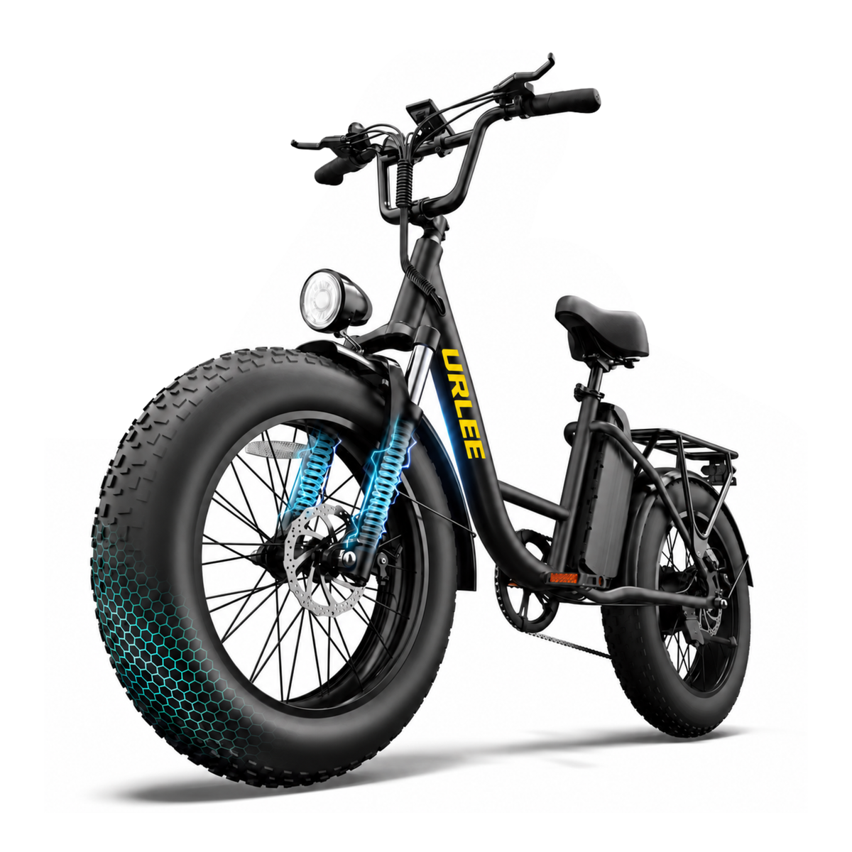 URLIFE E20 Pro, bicicletta elettrica nera con pneumatico fat, vista anteriore angolata, con forcella anteriore con dettagli blu