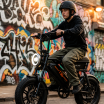 Uomo alla guida della fat bike elettrica URLIFE T16 in colore nero con il casco in città