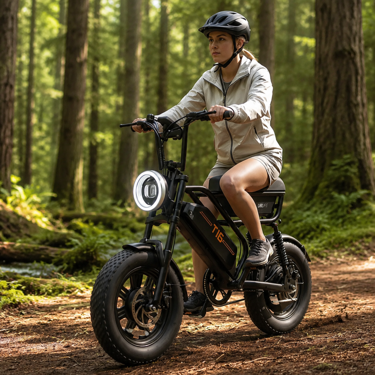 Donna alla guida della fat bike elettrica URLIFE T16 in colore nero con il casco nel bosco
