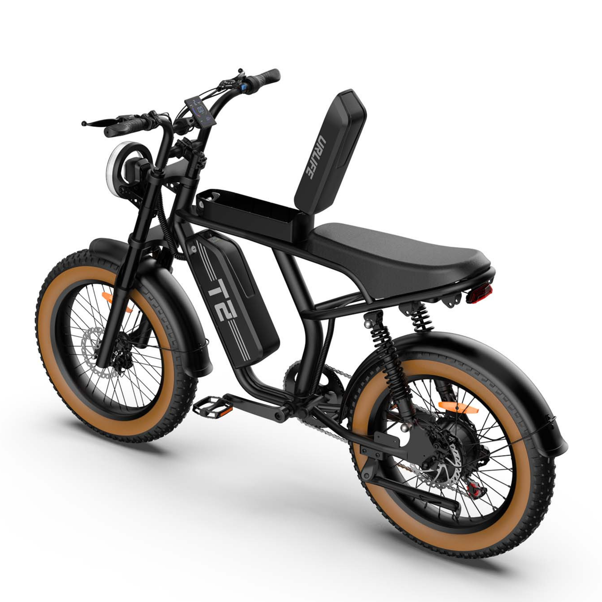 Fat bike elettrica URLIFE T2 vista di tre quarti da dietro dall'alto