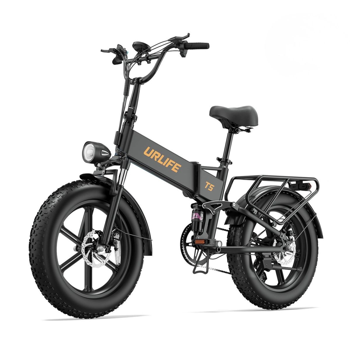URLIFE T5 bici elettrica pieghevole nera vista di tre quarti anteriore con pneumatici larghi, faro anteriore e portapacchi