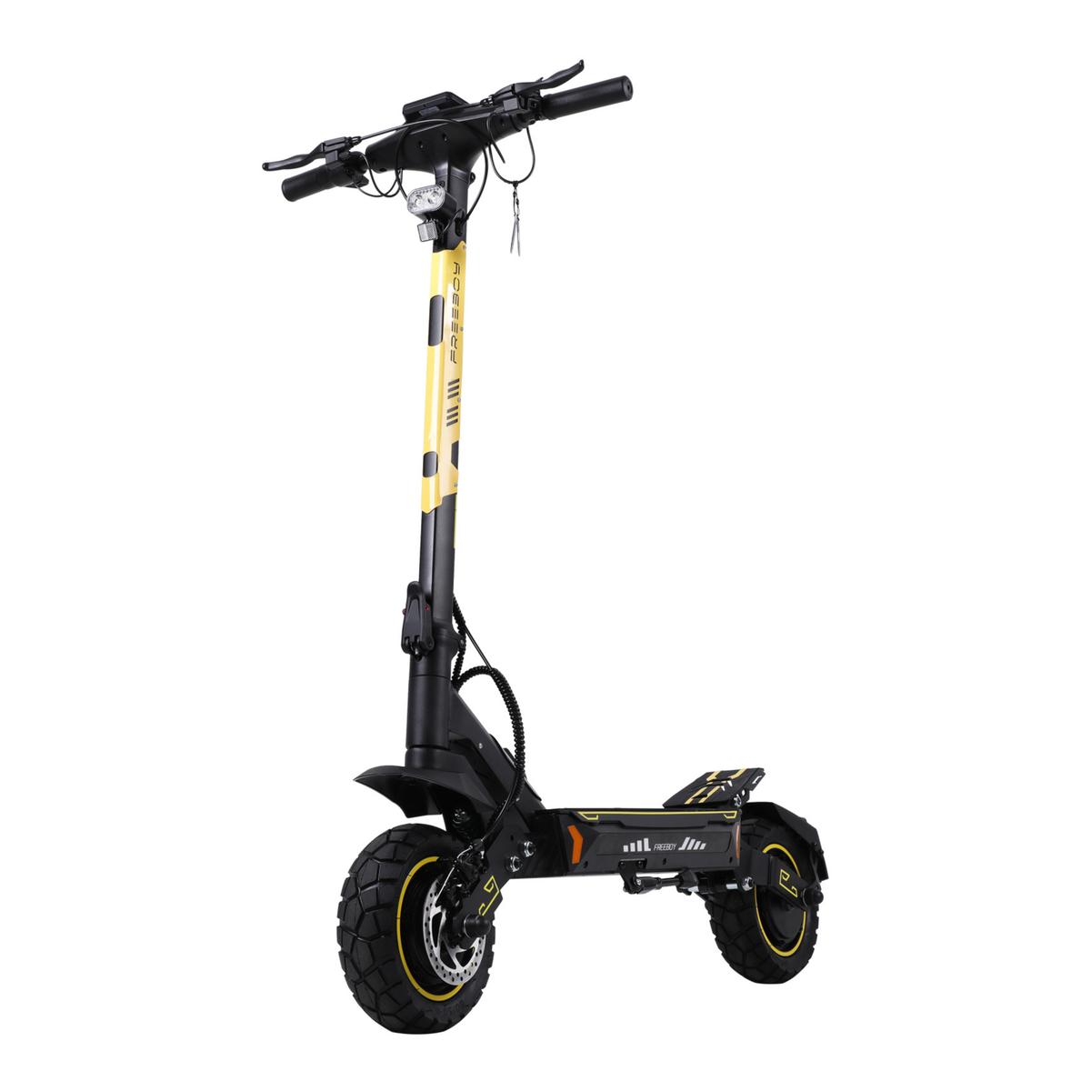 Monopattino elettrico Wheely - H7 visto di tre quarti da davanti con piantone dello sterzo giallo e nero