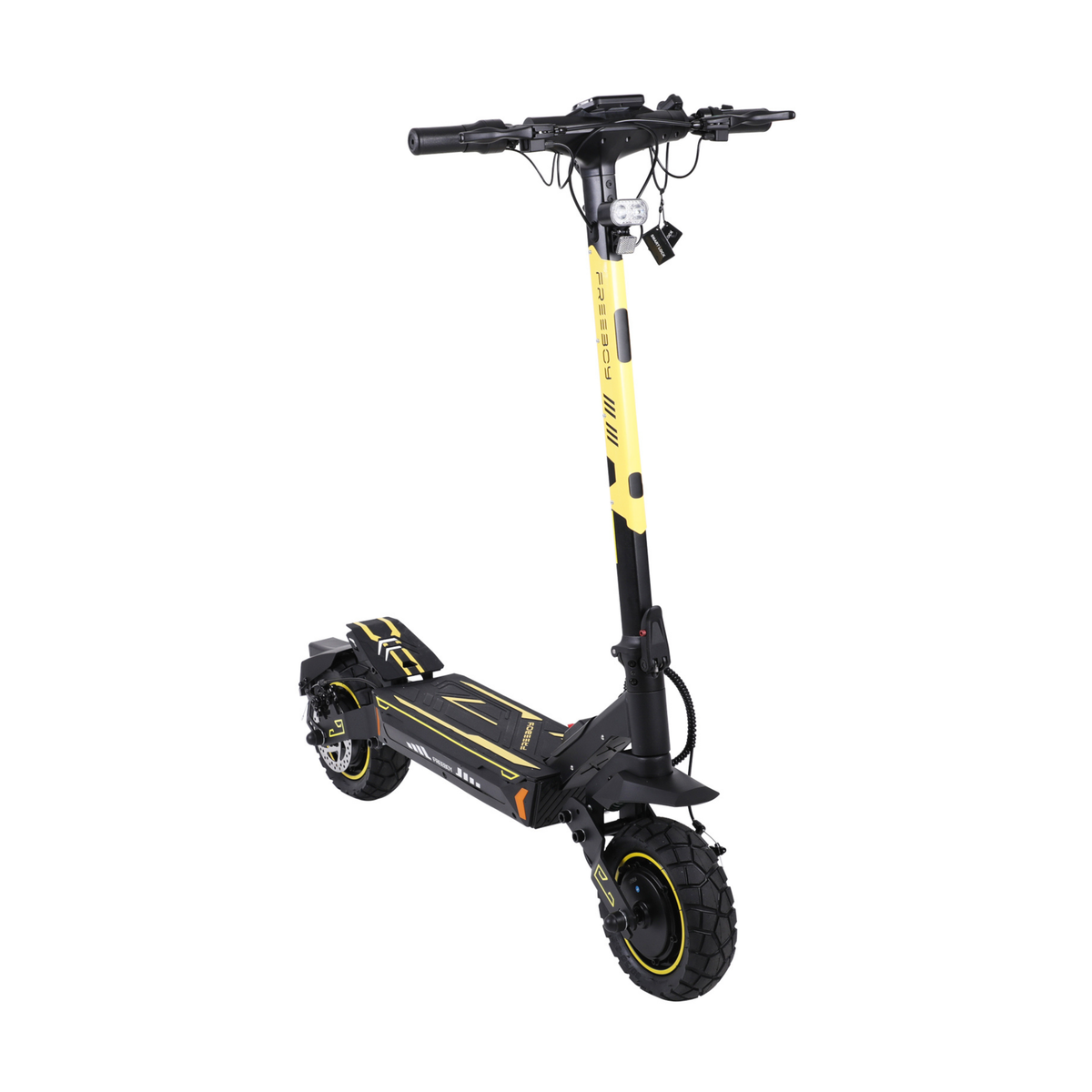 Monopattino elettrico Wheely - H7 nero e giallo con piantone dello sterzo eretto, visto di tre quarti da davanti